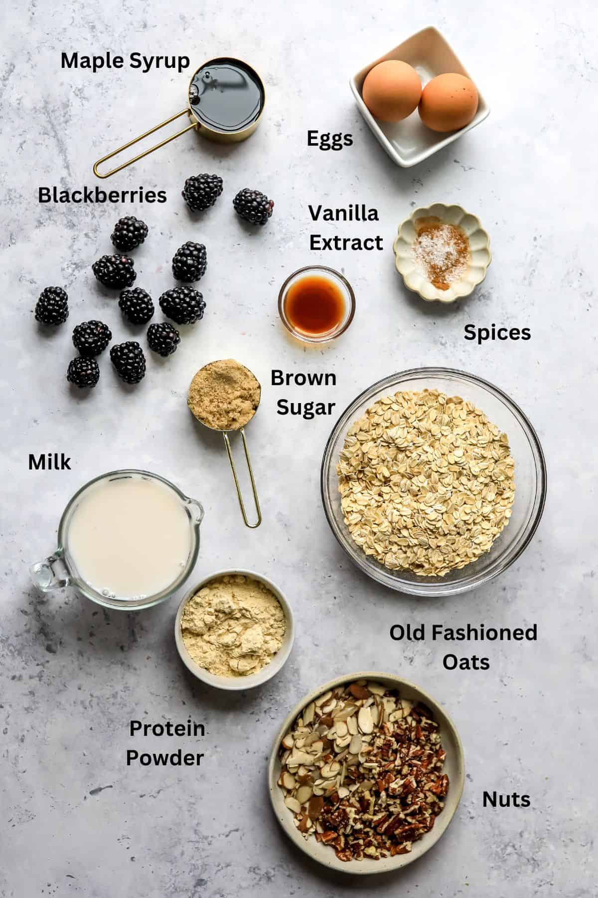 Ingredients needed to make this recipe in glass bowls and measuring cups.