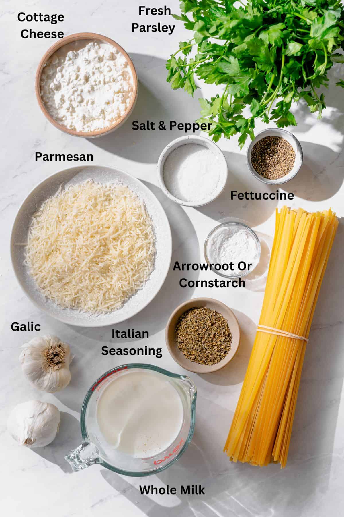 Ingredients needed on a counter neatly laid out in bowls to make Cottage Cheese Alfredo Sauce.