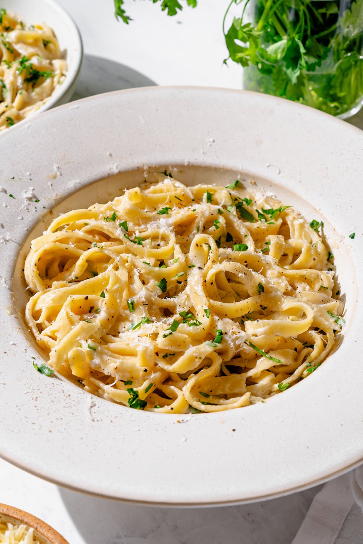 Cottage Cheese Alfredo Sauce in a white bowl garnished with parsley and parmesan cheese.