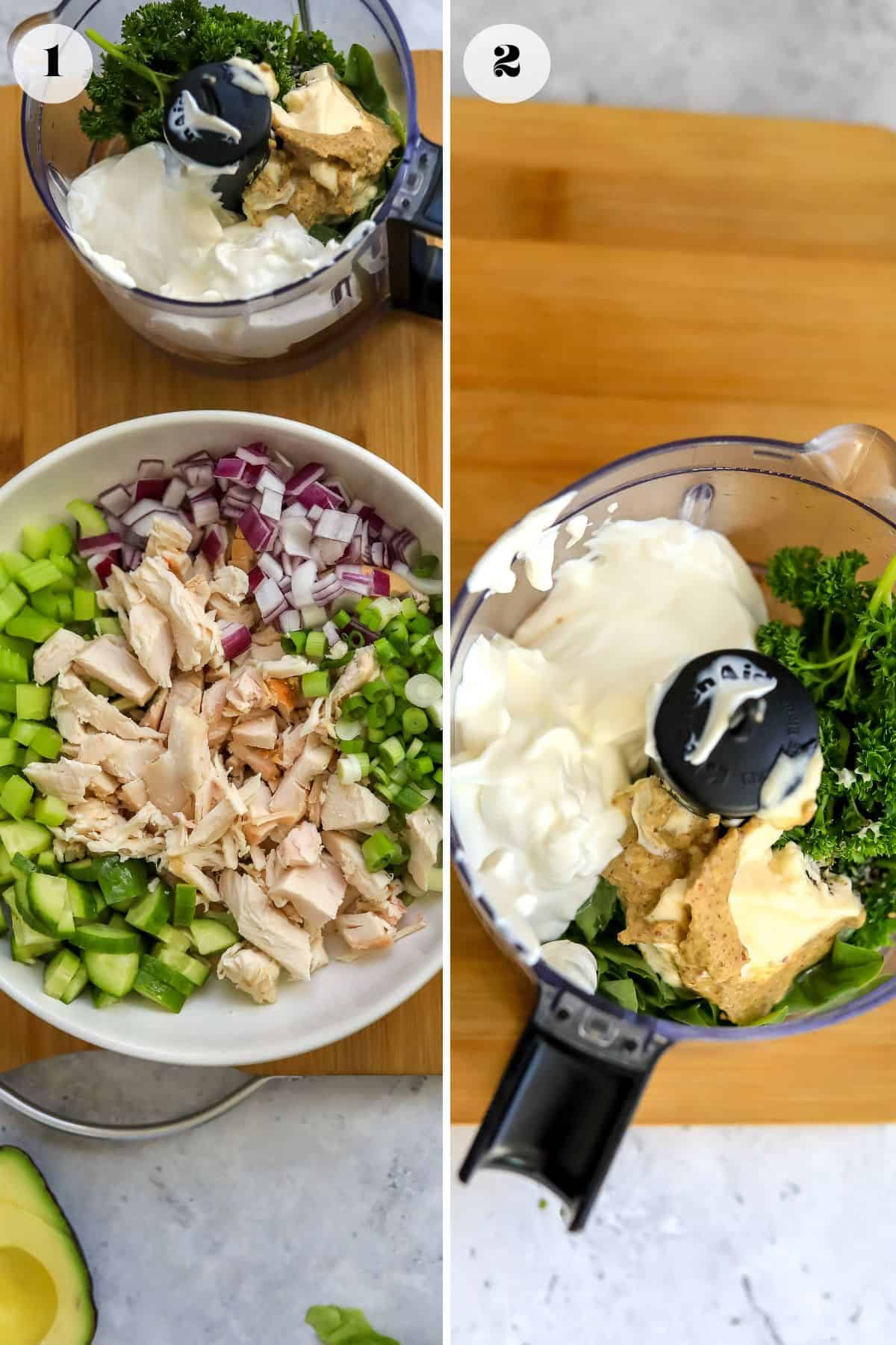 Steps to make this recipe in a white bowl with mix-ins and a blender  to a side. 