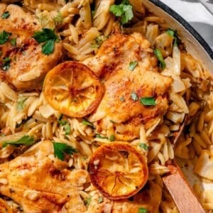 Close up of lemon chicken and orzo with herbs and lemon slices