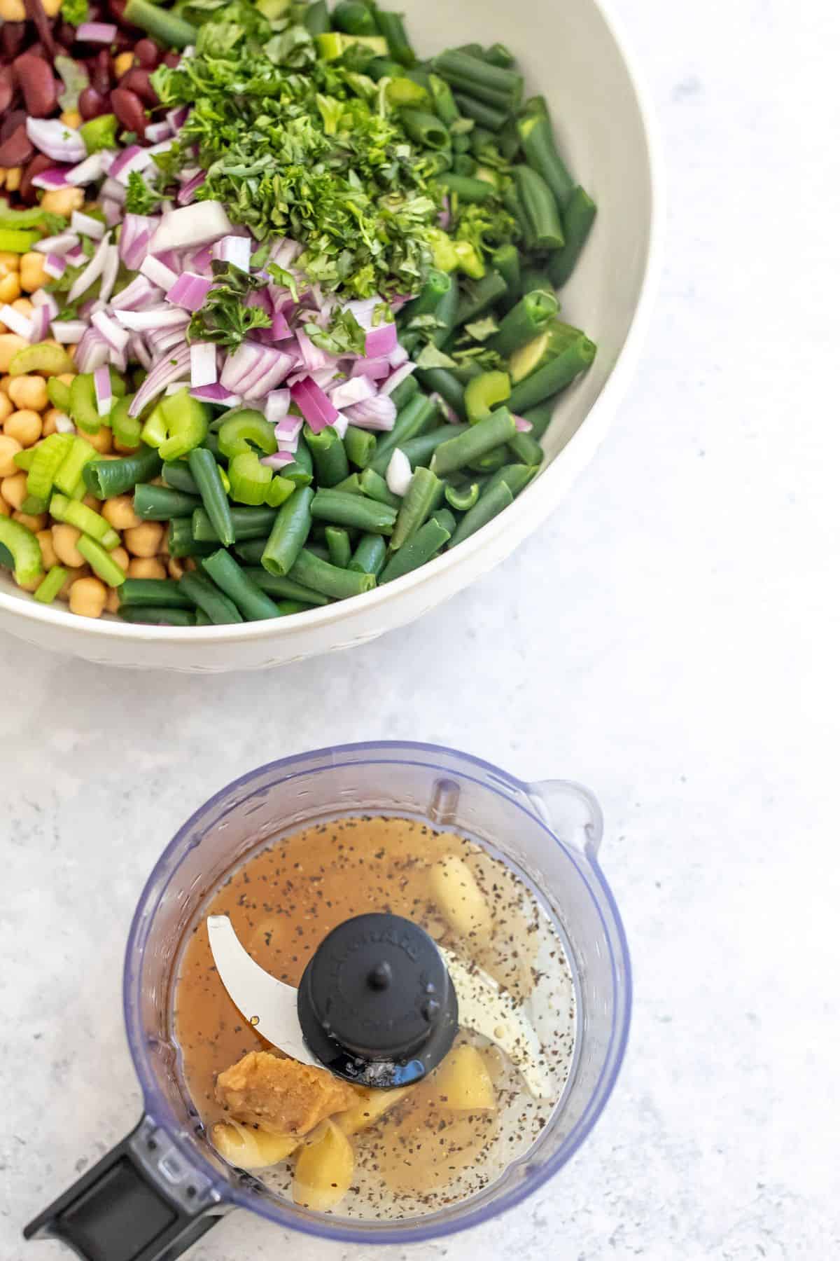 Steps to make this recipe in a big bowl and a blender on the side.