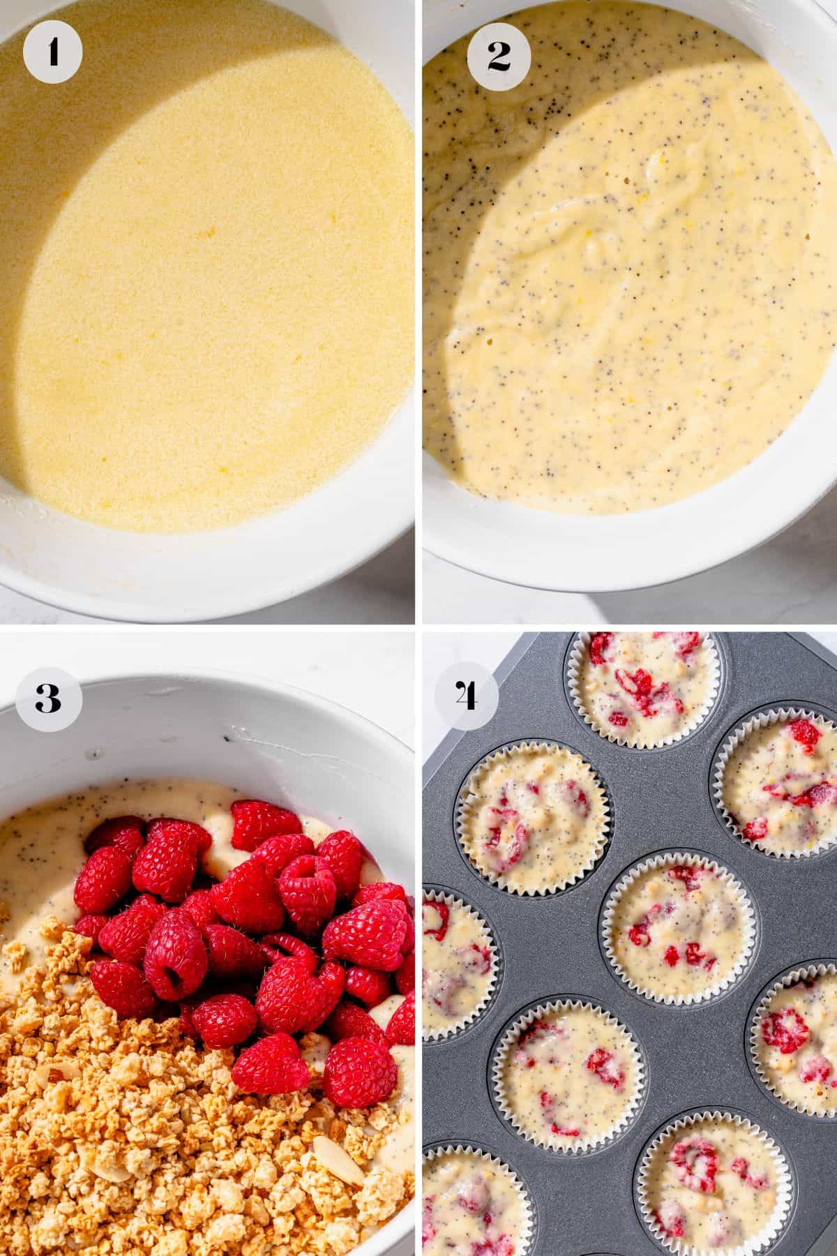 Process shots for Fluffy lemon raspberry muffins with powdered sugar glaze