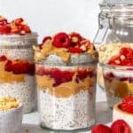 PBJ overnight oats and chia in a jar with peanut butter and strawberry jam