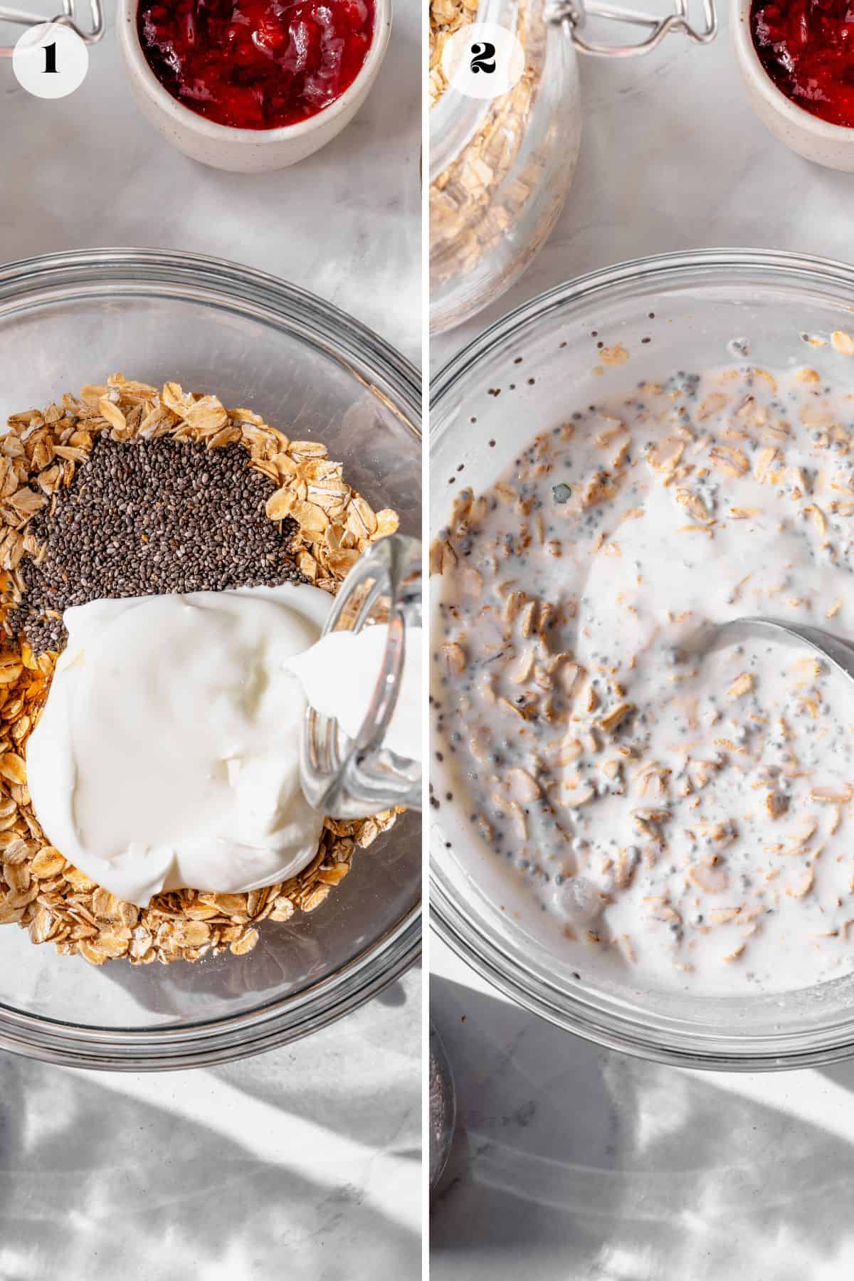 Steps to make PBJ overnight oats and chia in a jar with peanut butter and strawberry jam