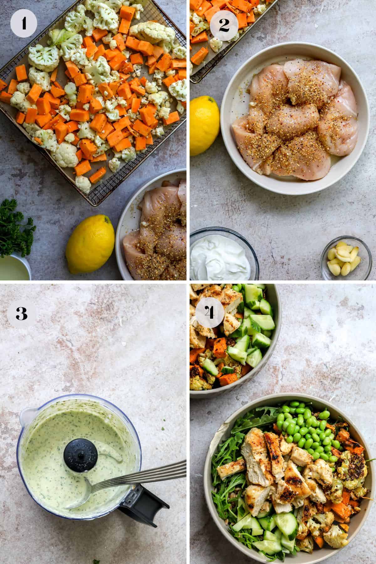 Steps to make this recipe on a counter in large bowl with chicken in it.