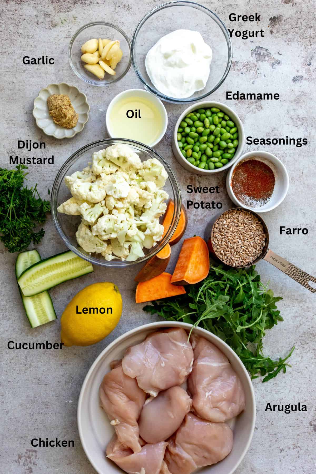 Ingredients to make this dish on a counter all together and in bowls.
