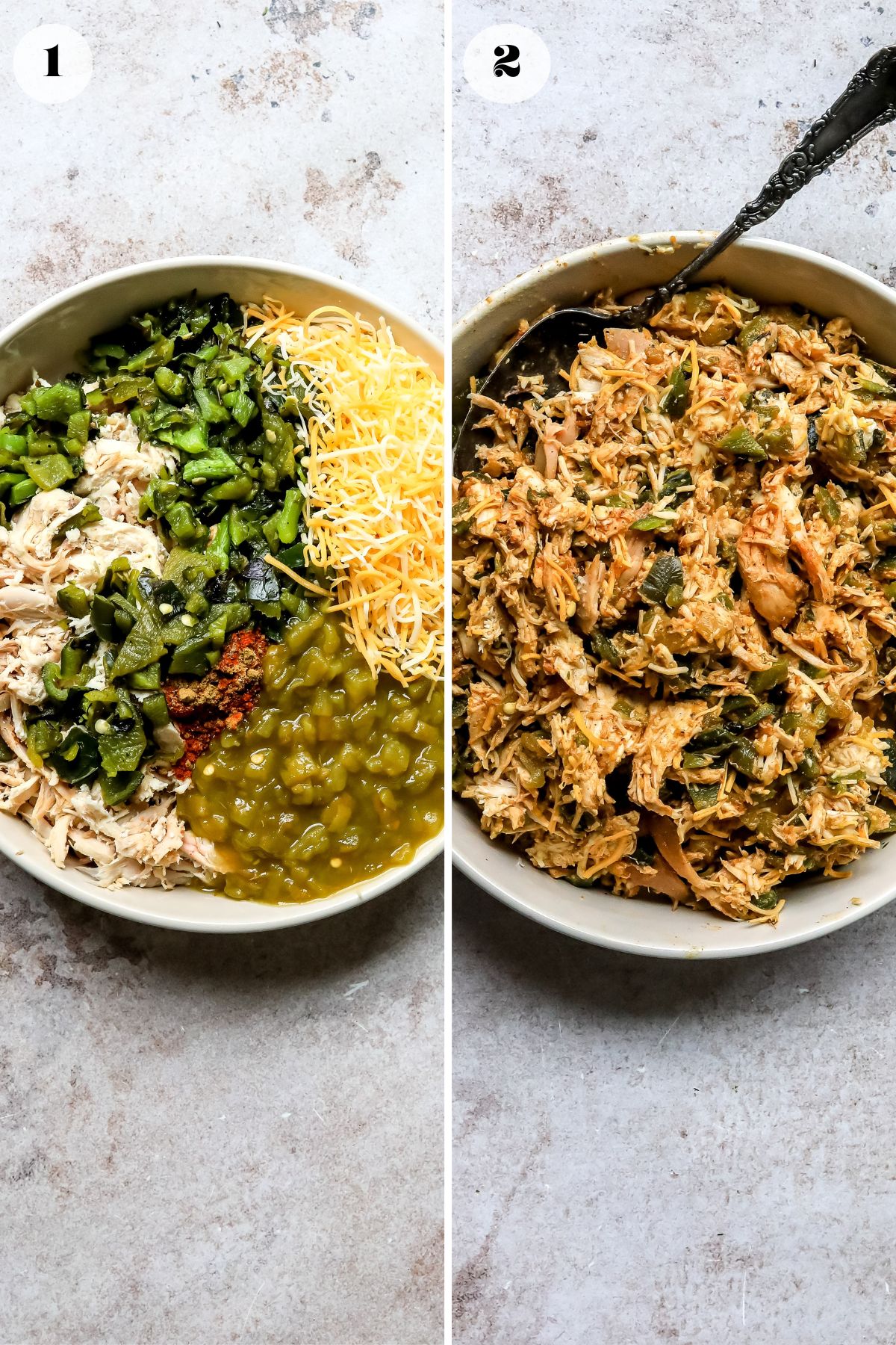 Steps to make this recipe in a mixing bowl with a big silver spoon.