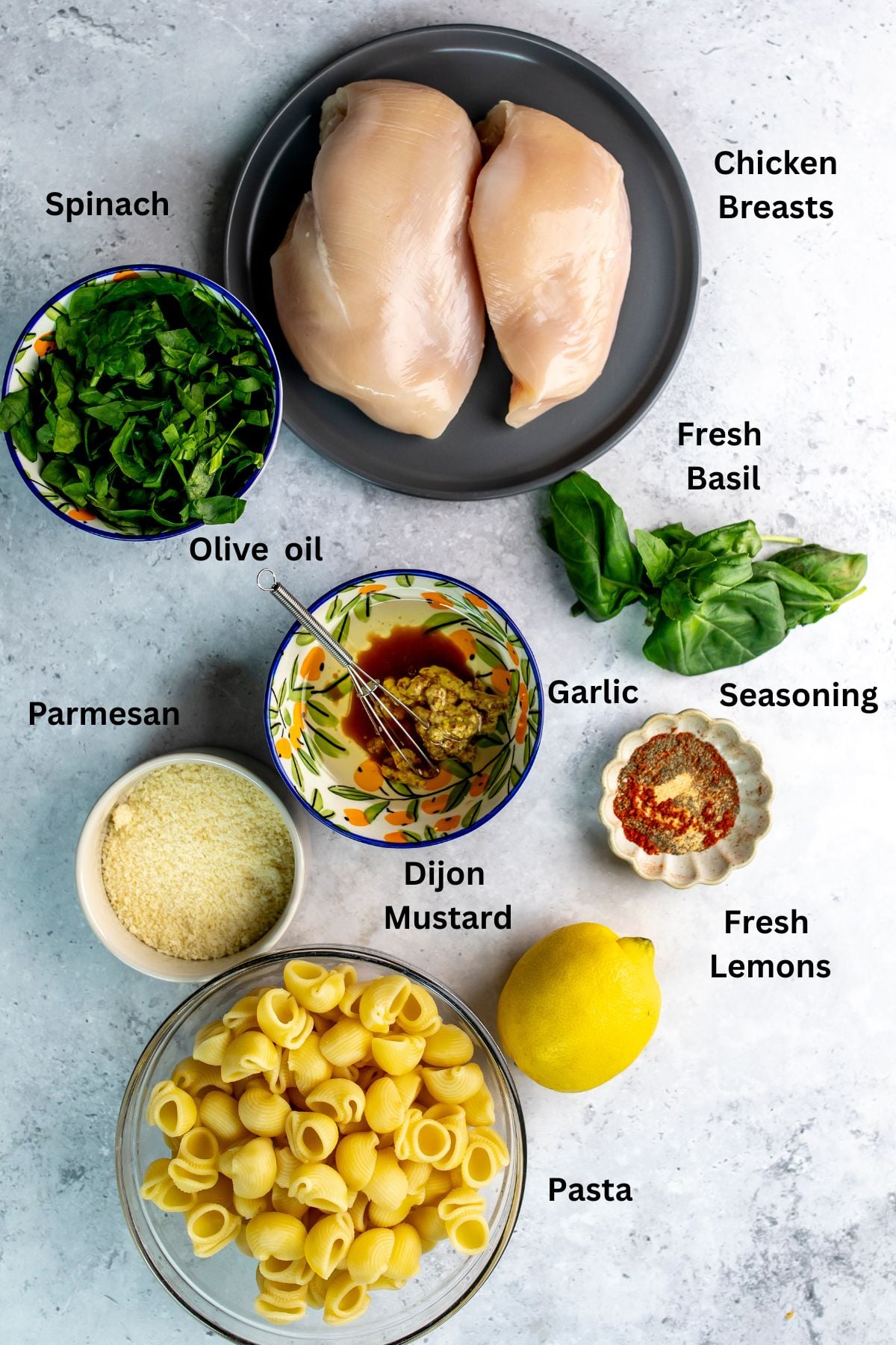 Ingredients needed to make this recipe on plates and in bowls.