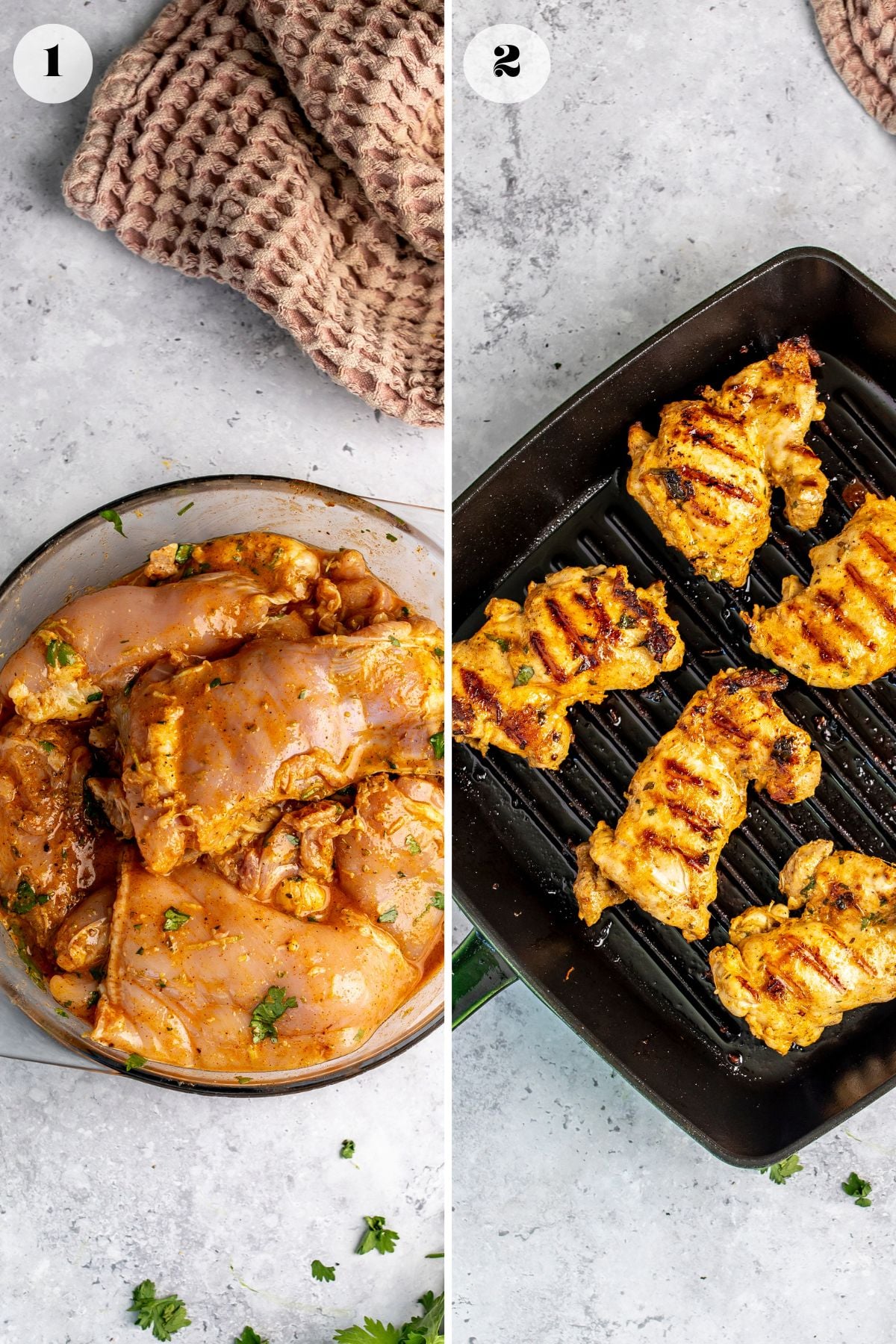 Steps to make the recipe, chicken marinating in a glass bowl and grilling on a grill pan.