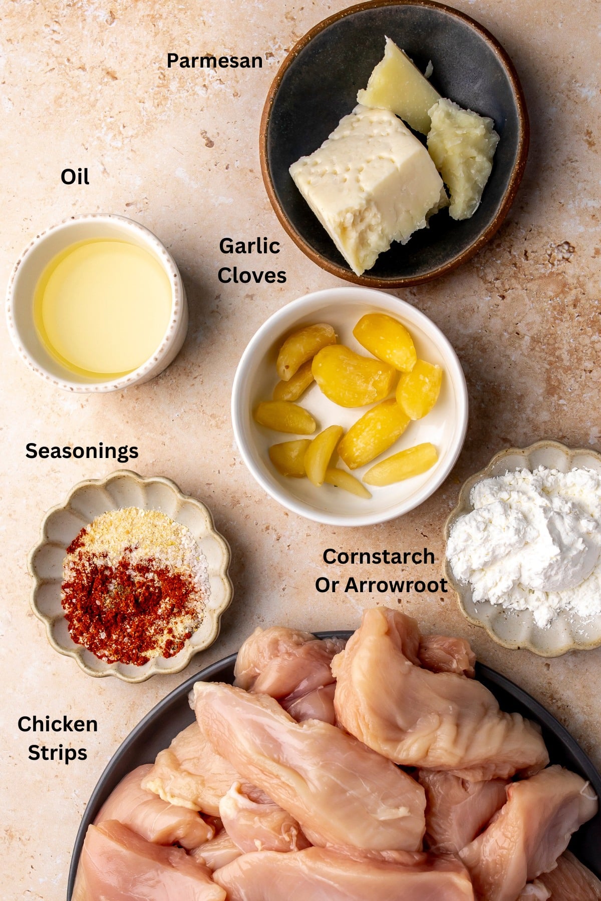 Ingredients in separated bowls lid out on a counter.