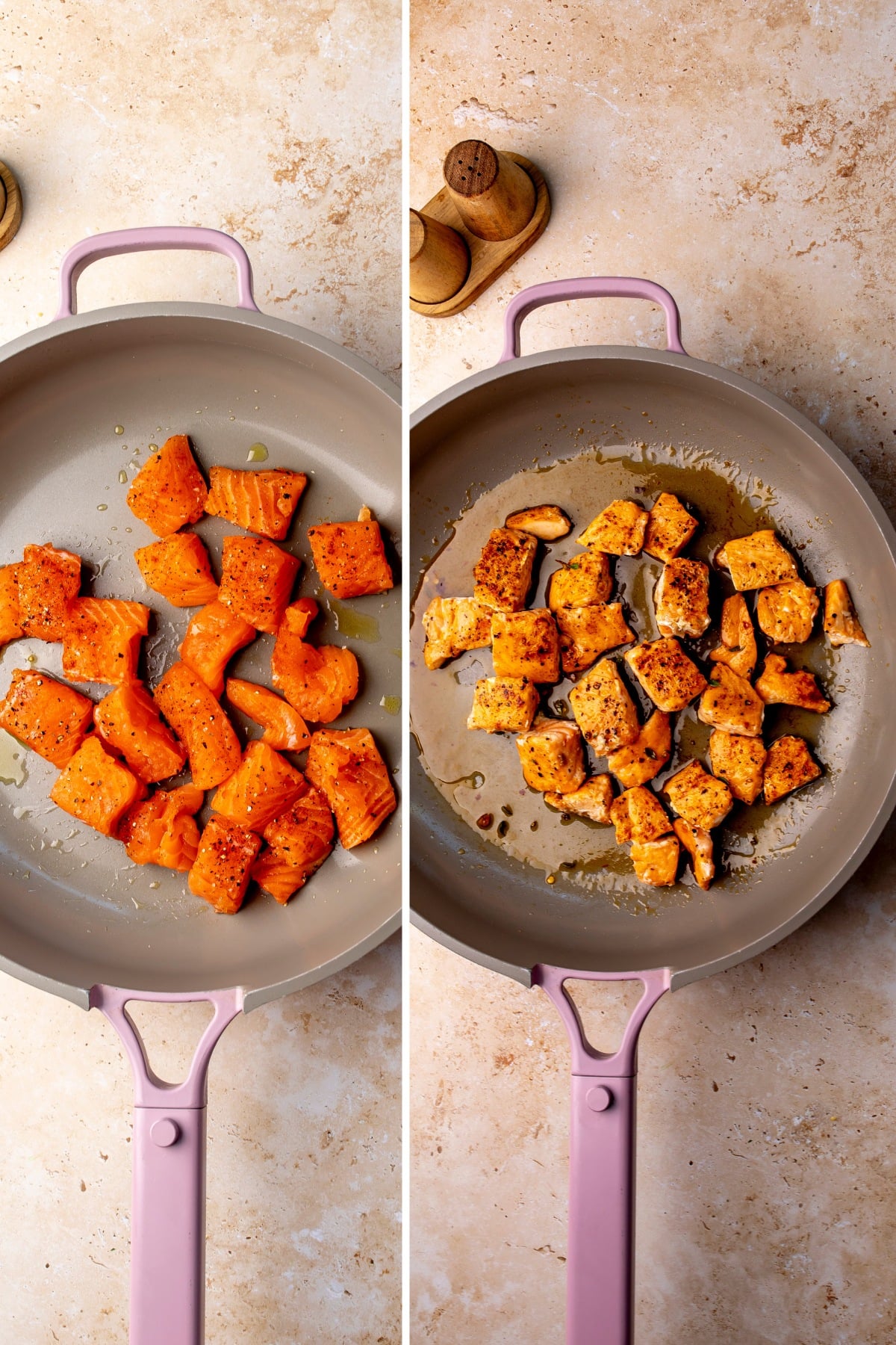 Pink skillet with salmon bites in it, one photo of it raw and one photo cooked.