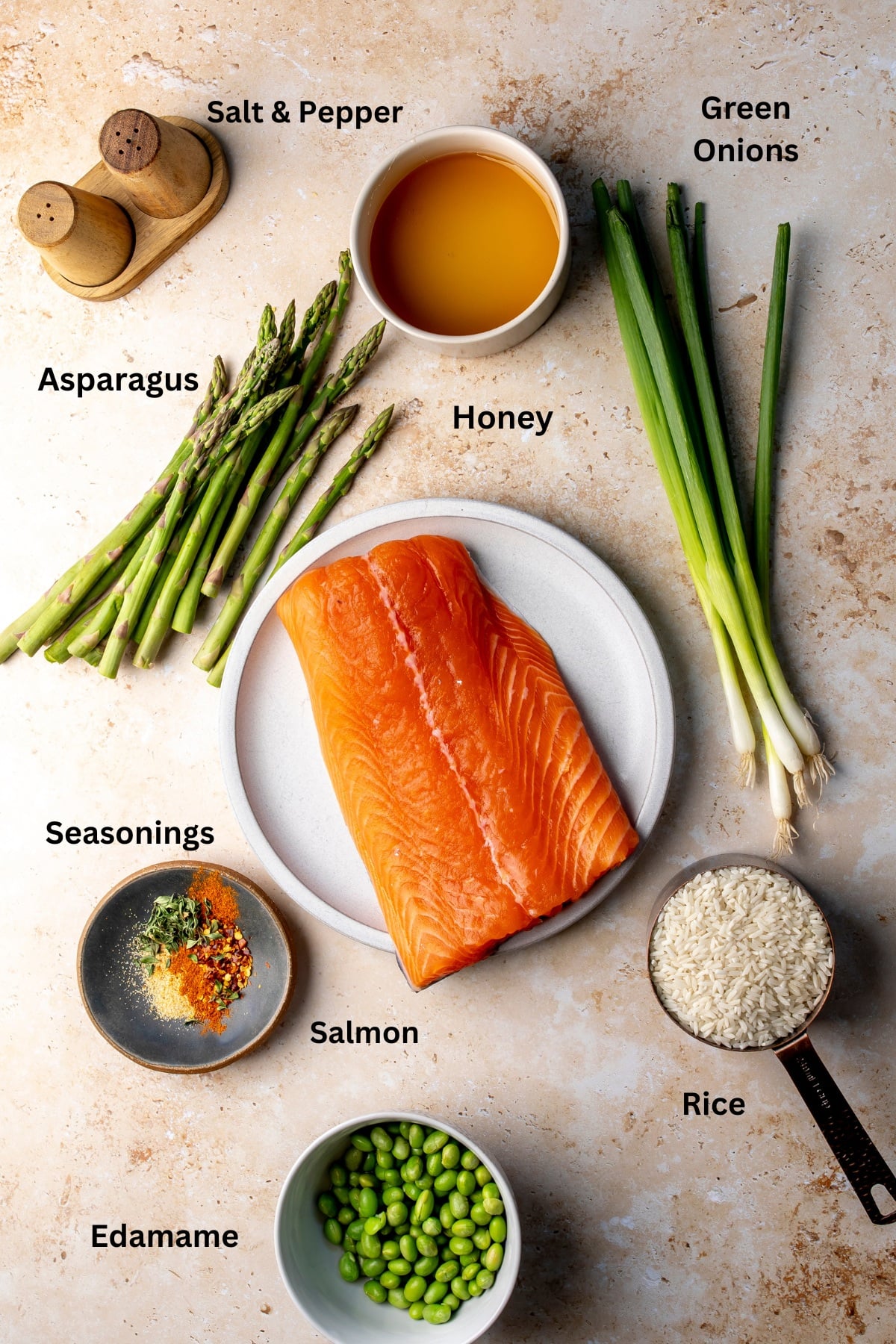 Ingredients needed to make this recipe on a countertop, measured out and lined up.