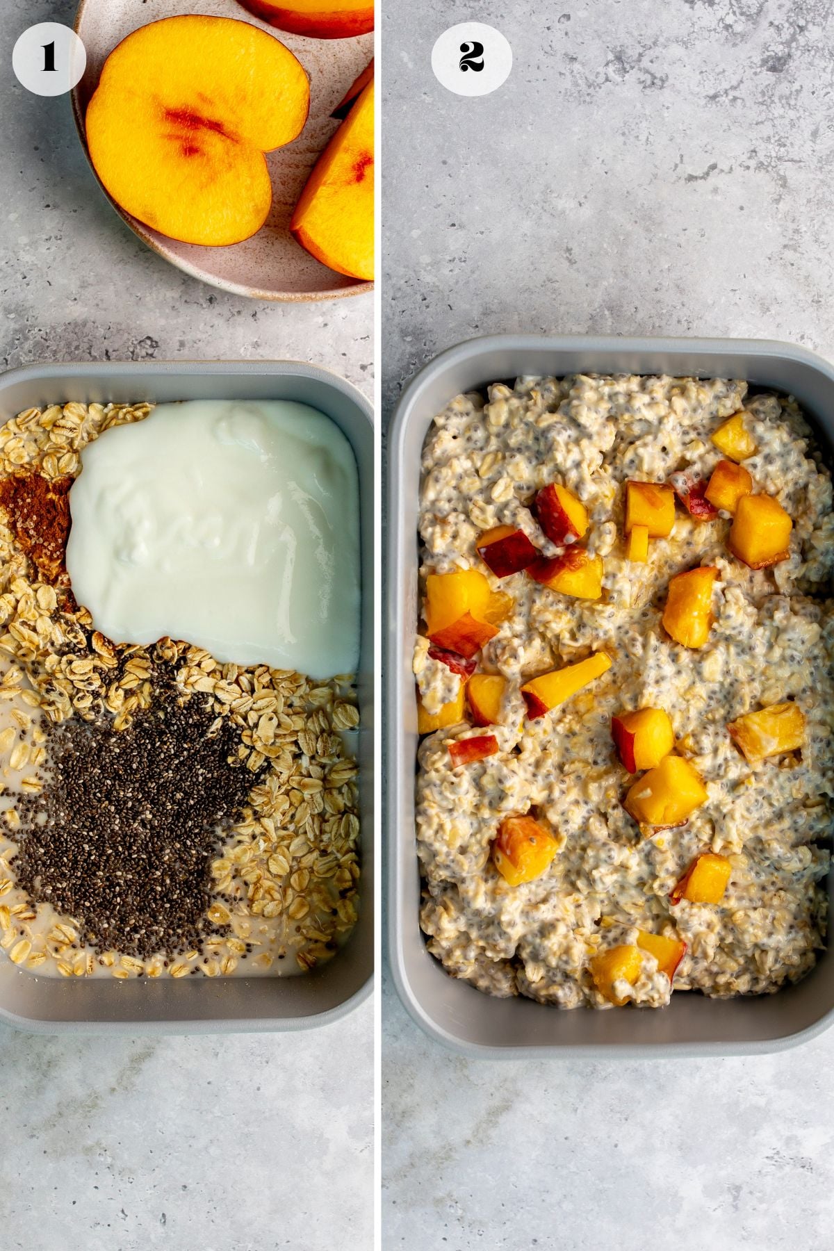 All of the ingredients in a container on the left before mixing. The finished oats with peaches on top in the container on the right.