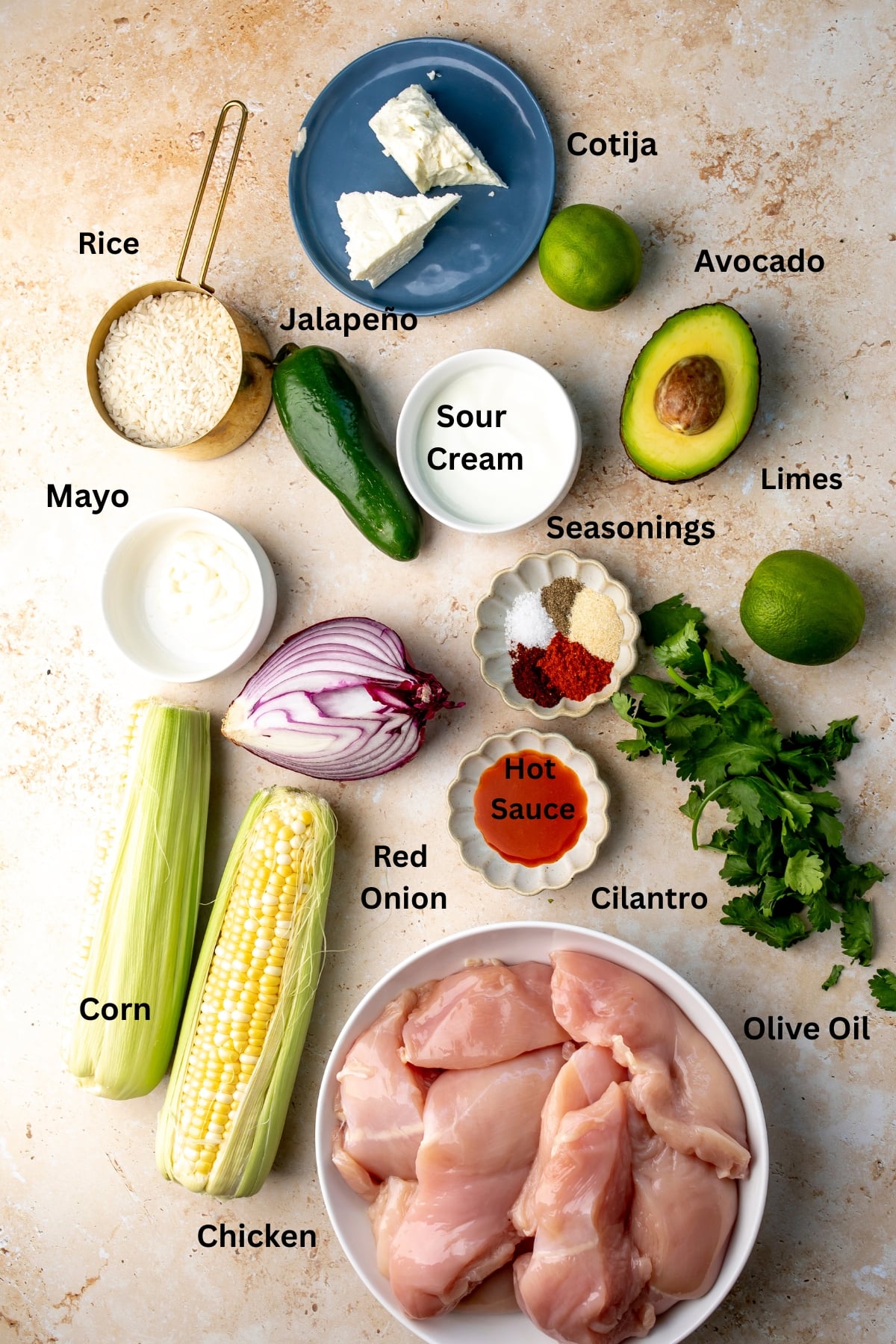 Ingredients to make this recipe on small plates and in bowls on a countertop.