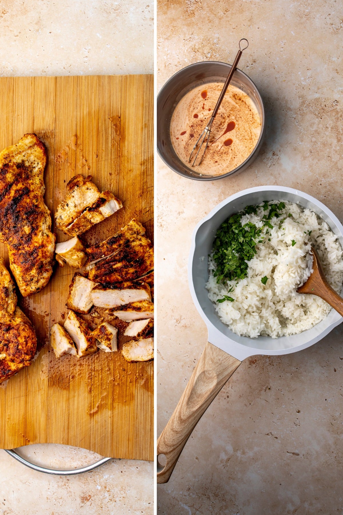 Chicken on a wooden cutting board and fully rice in a grey pot.