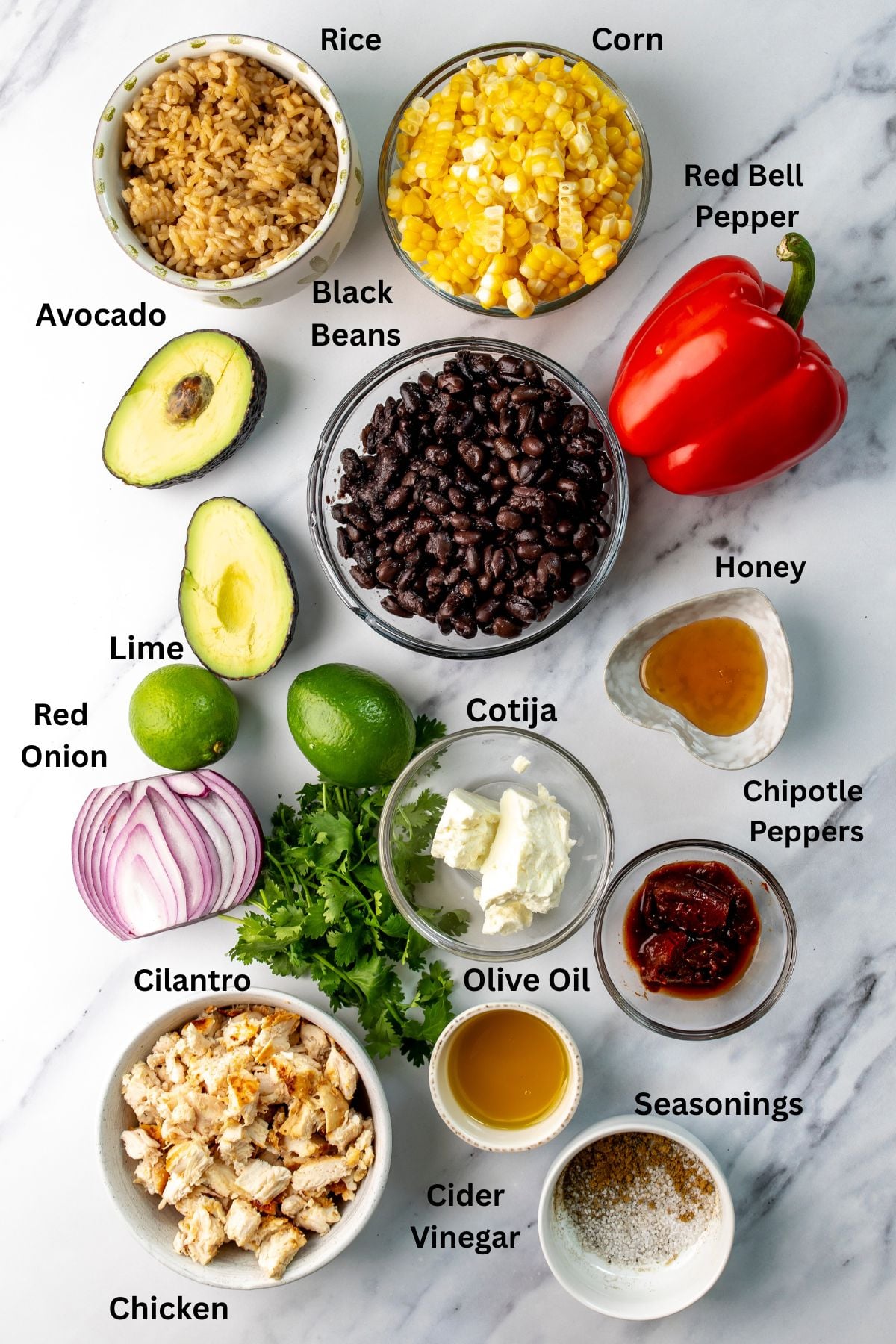 Ingredients needed to make the recipe on a countertop in bowls.