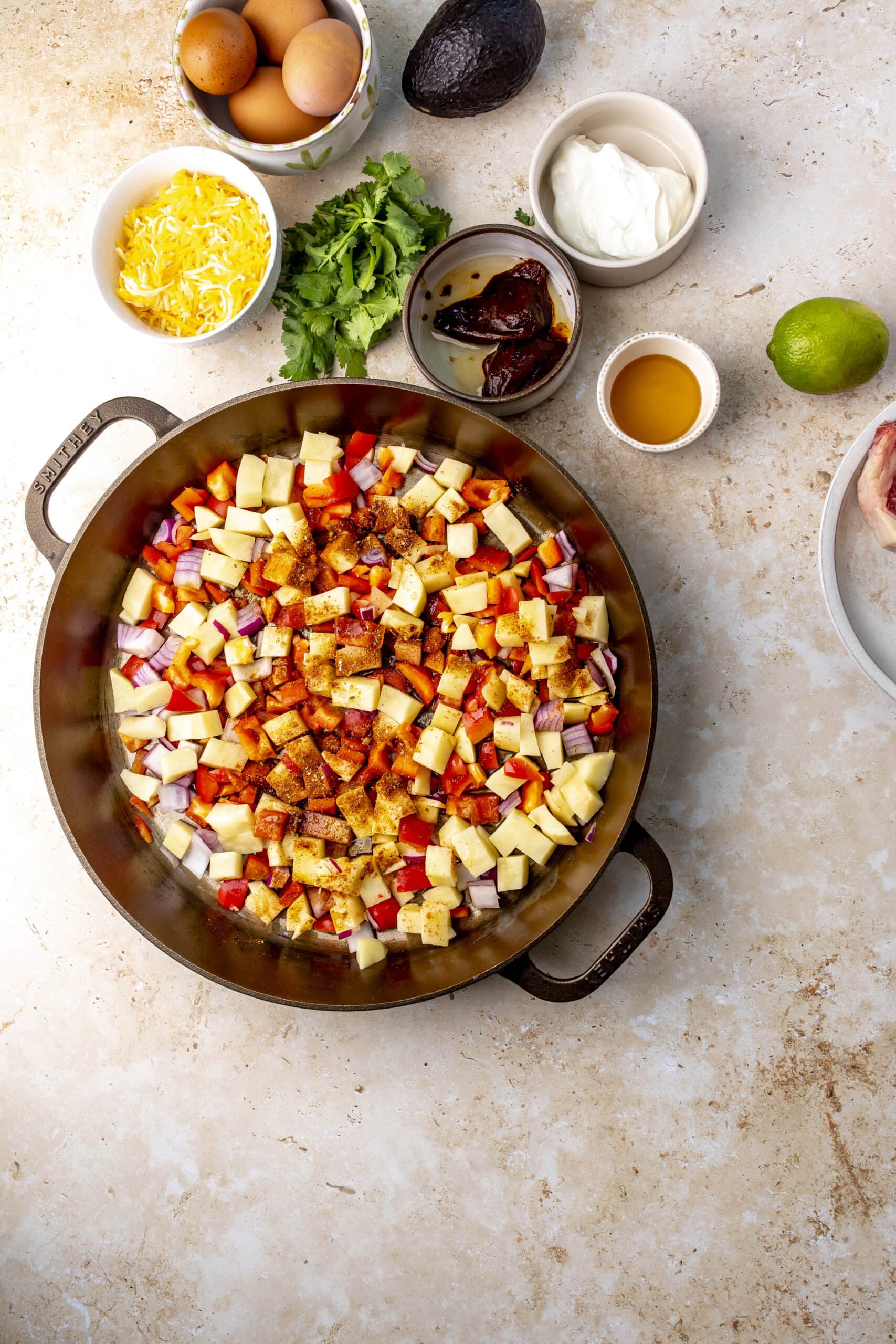 The vegetables in the skillet.