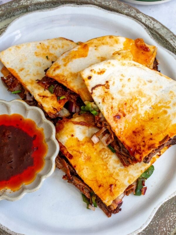 Birria quesadilla on a white plate for serving.