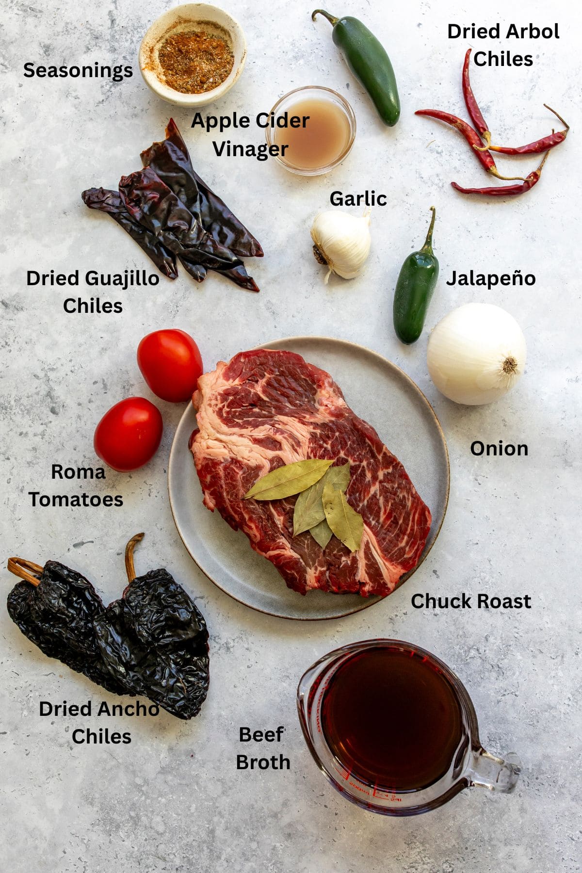 All of the ingredients for slow cooker birria on a countertop.