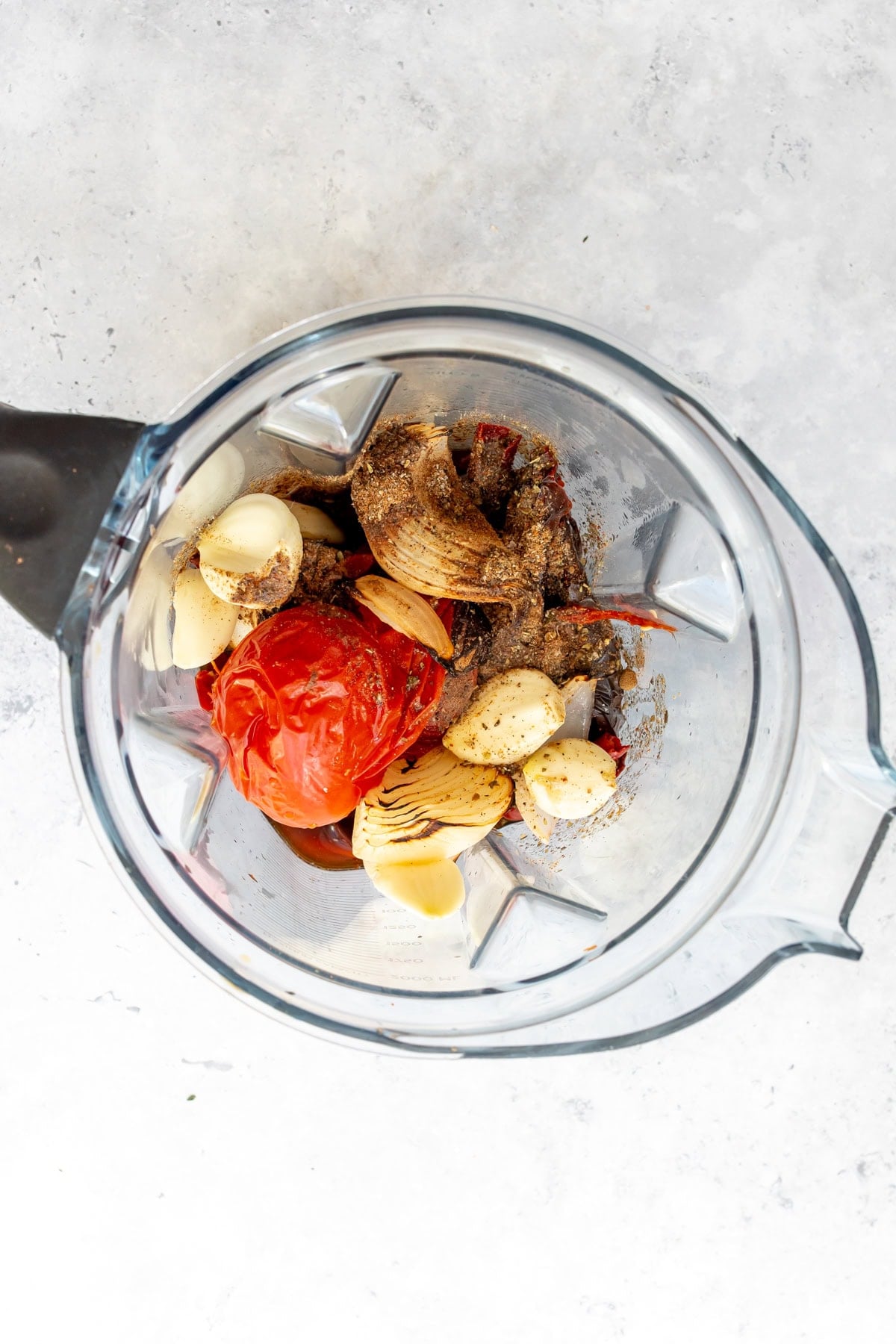 All of the ingredients for the birria sauce in a blender before blending.