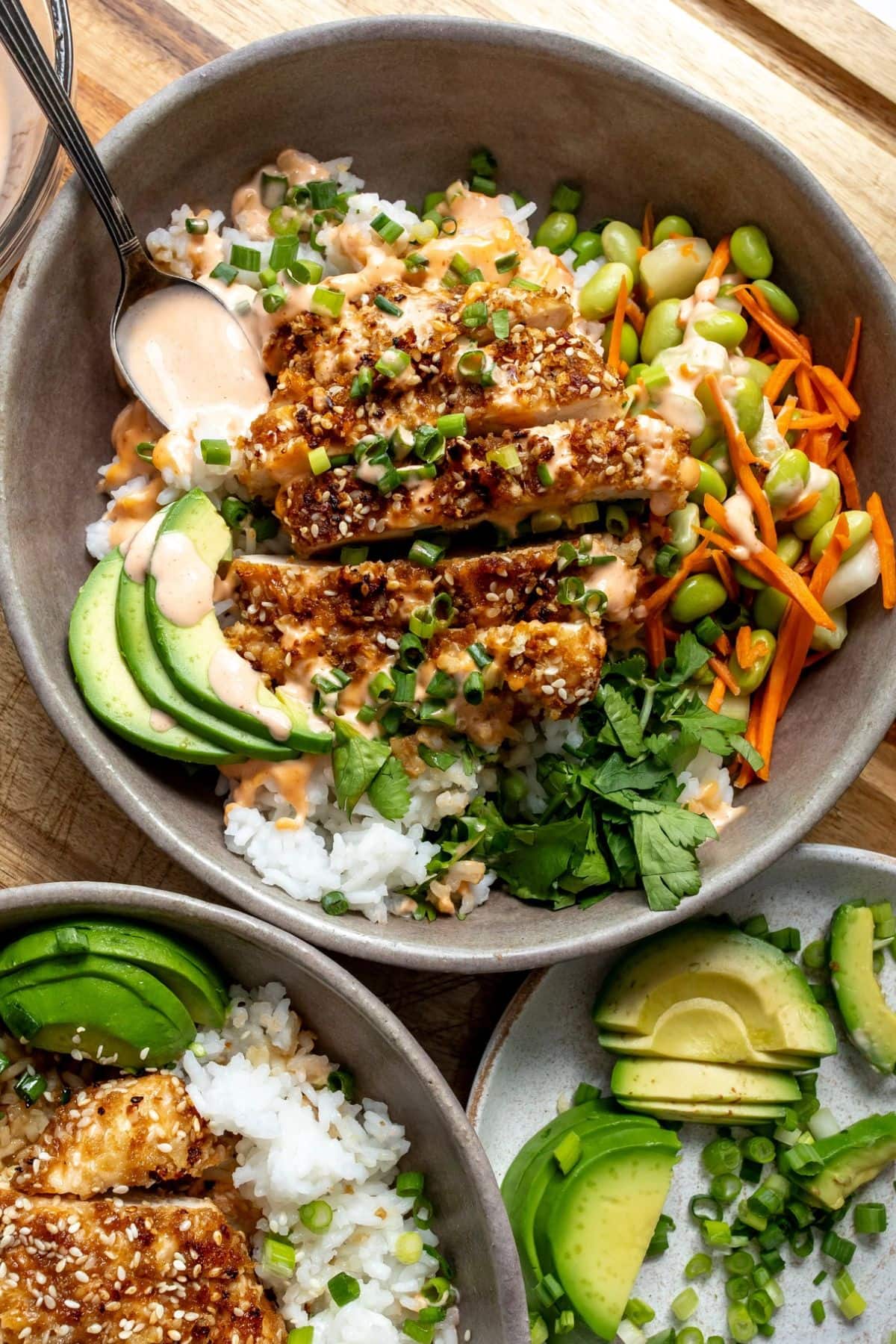 Crispy Katsu Chicken Bowls with a spoonful of spicy mayo to the side.