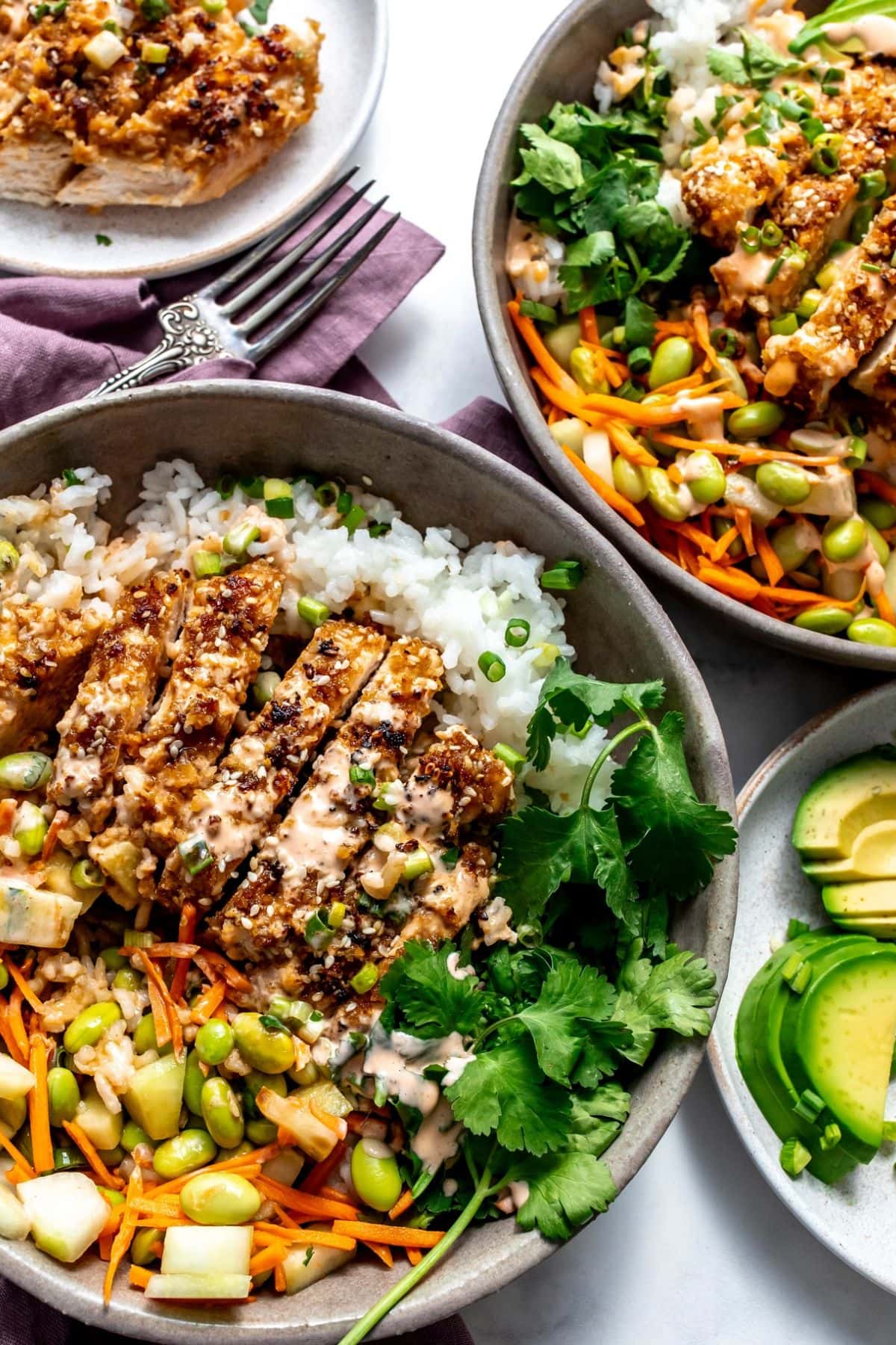 Crispy Katsu Chicken Bowls with a spoonful of spicy mayo drizzled on top.