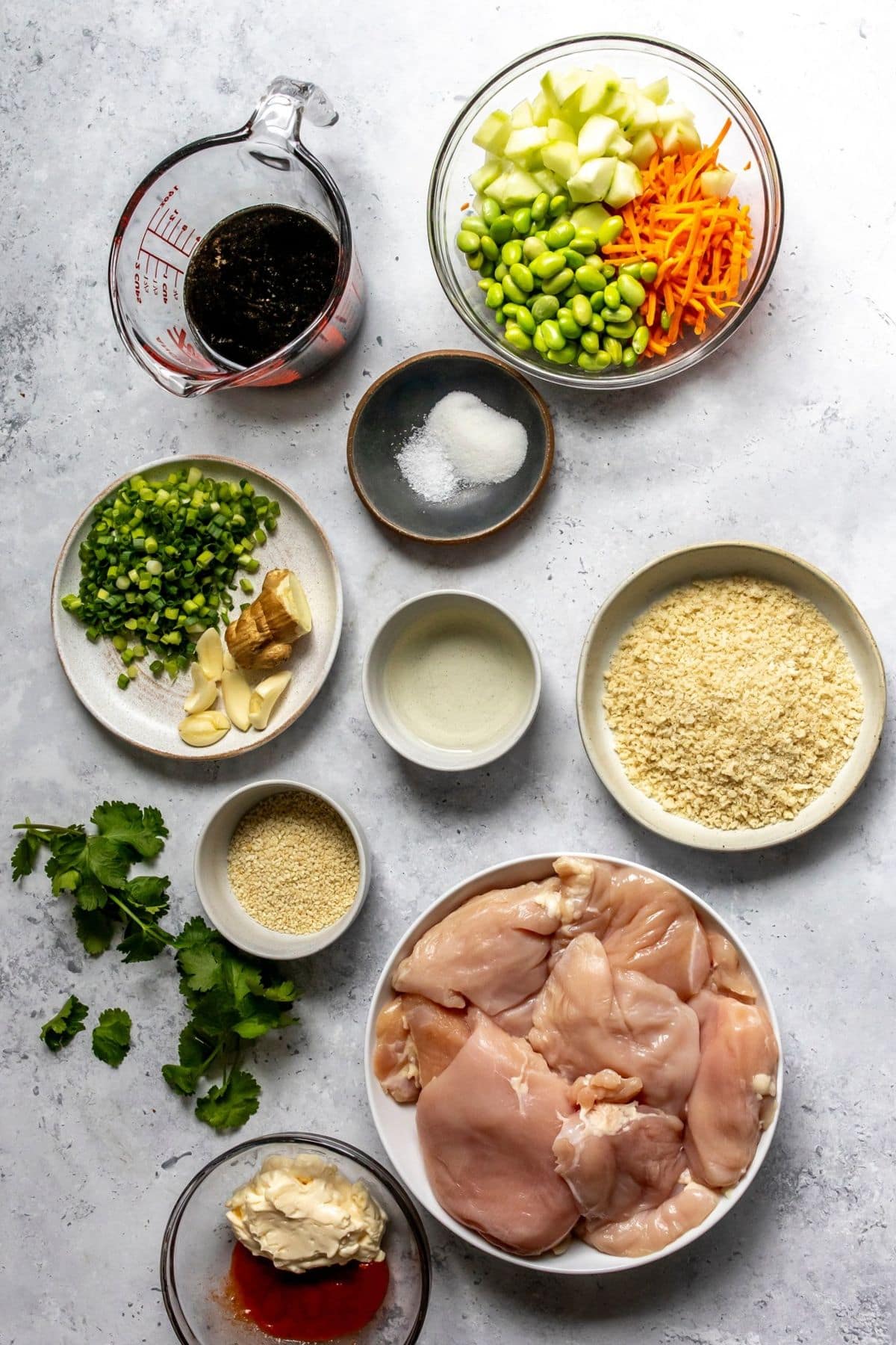Ingredients to make this recipe in small bowls lined up neatly.