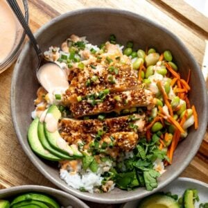Crispy Katsu Chicken Bowls with a spoonful of spicy mayo to the side.