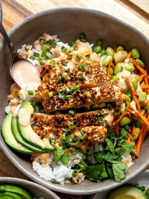 Crispy Katsu Chicken Bowls with a spoonful of spicy mayo to the side.