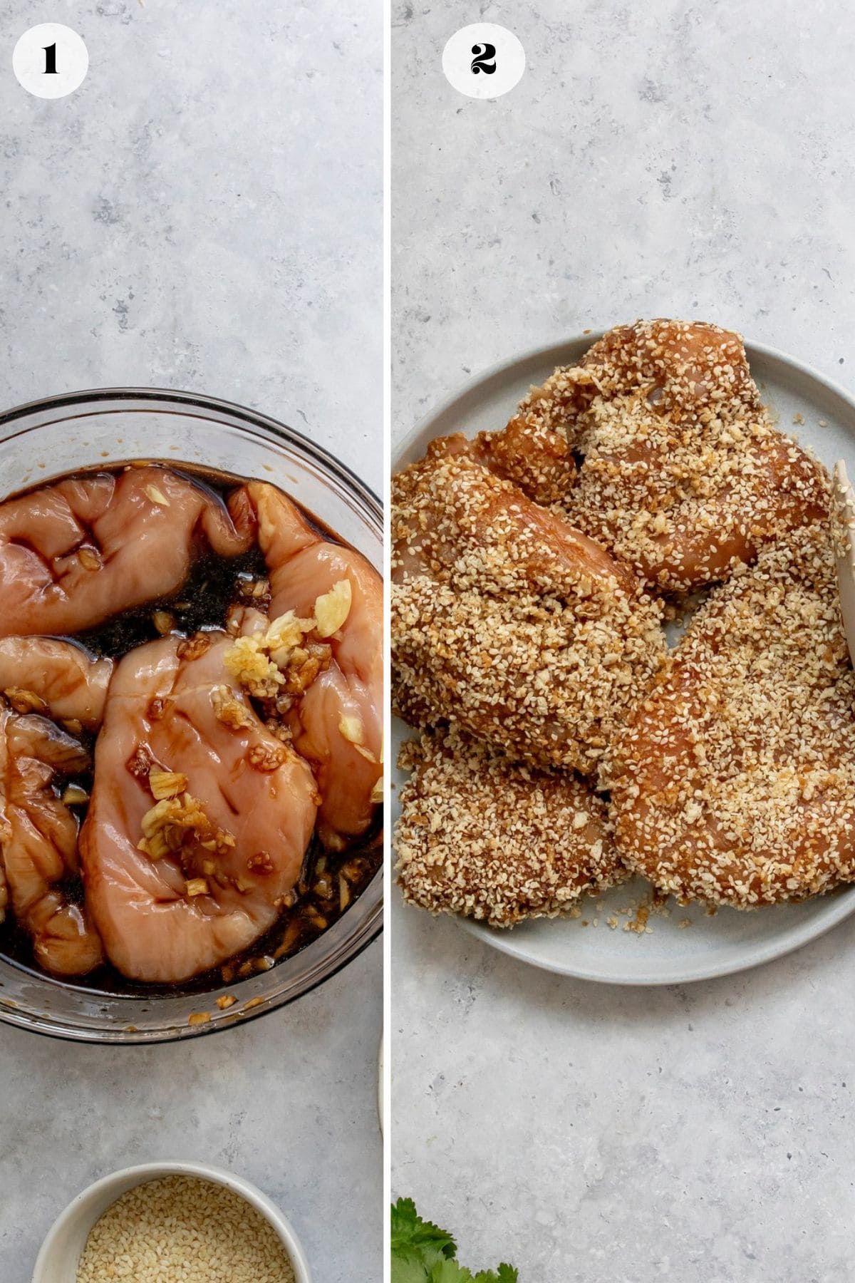 Chicken marinating in a glass bowl and breaded on a plate.