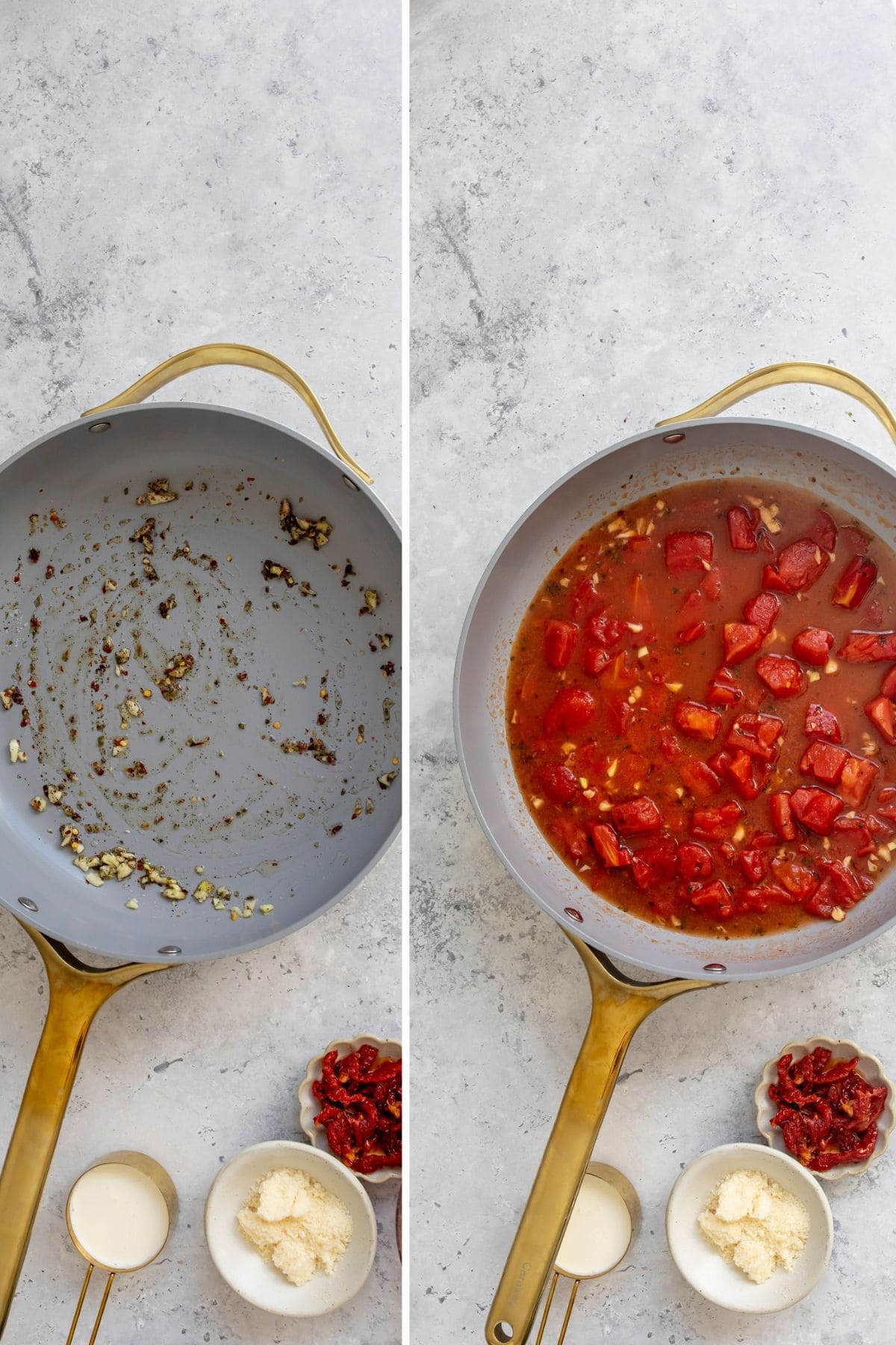 Grey skillet with onions in it and then one with tomatoes in it in the same pan.