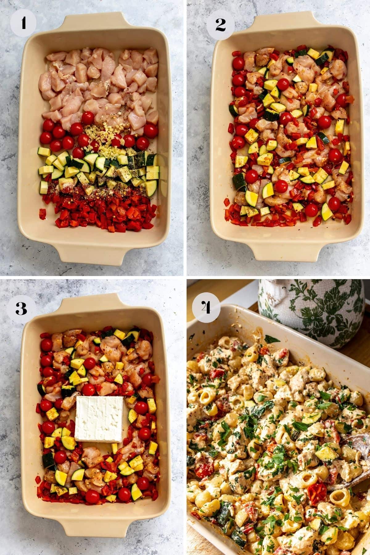 baking dish with veggies and chicken in them and a block of feta in the center.