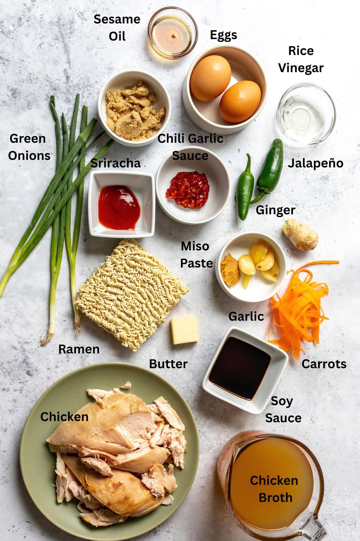 Ingredients to make this recipe in small dishes laying neatly on a countertop.