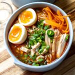 Spicy Chicken Ramen in broth served in white grey bowls with toppings.